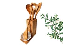 collection ustensiles de cuisine en bois d'olivier spatule louche pince