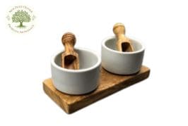 Set apéritif 2 coupelles en porcelaine avec cuillères en bois d'olivier